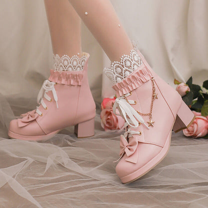 Women's Lace Bows Round Toe Square Heel Platform Ankle Boots