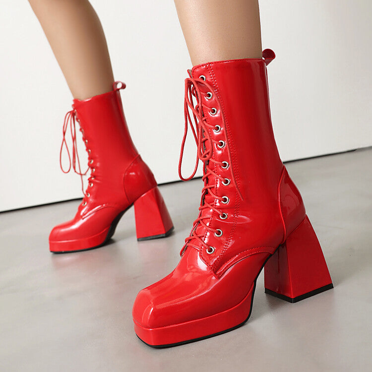 Women's Glossy Lace-Up Square Toe Block Heel Platform Short Boots