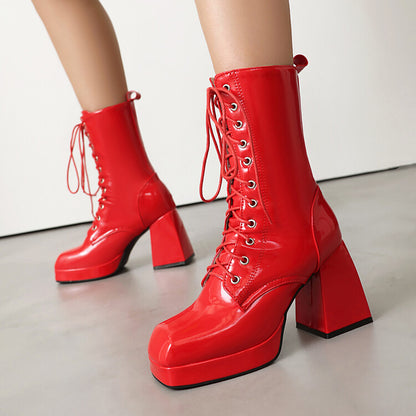 Women's Glossy Lace-Up Square Toe Block Heel Platform Short Boots