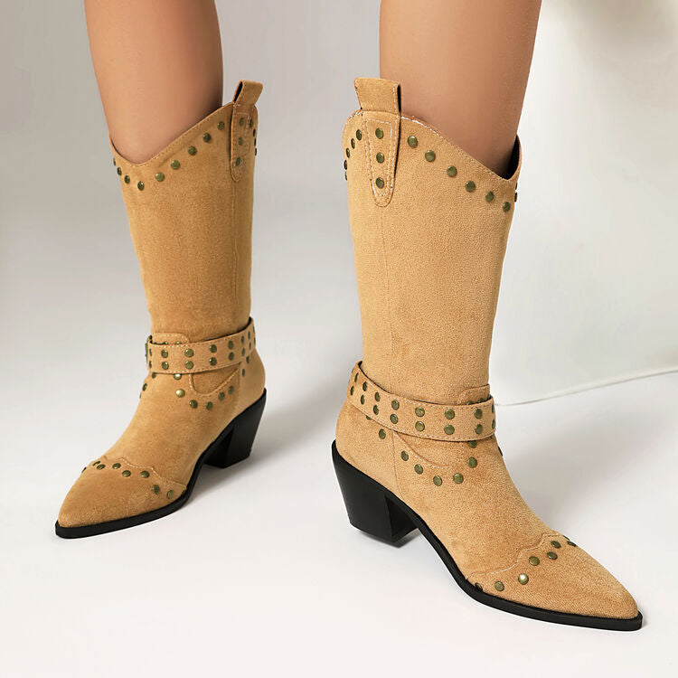 Women's Rivets Pointed Toe Square Heel Mid Calf Western Boots