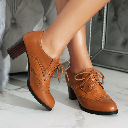 Women's Lace-Up Round Toe Block Heel Brogue Shoes