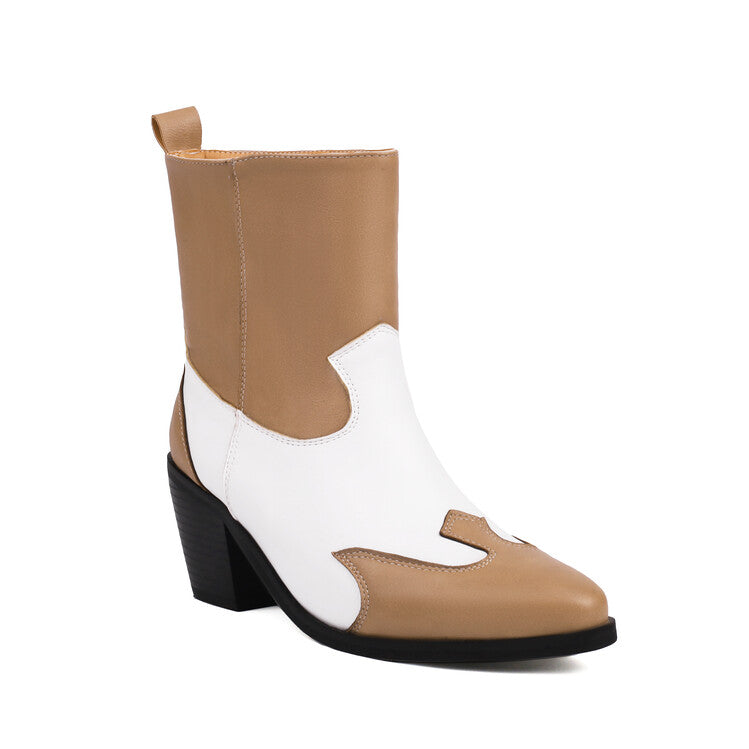 Women's Patchwork Pointed Toe Block Heel Western Boots