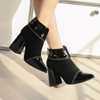 Women's Glossy Rivets Pointed Toe Block Heel Ankle Boots