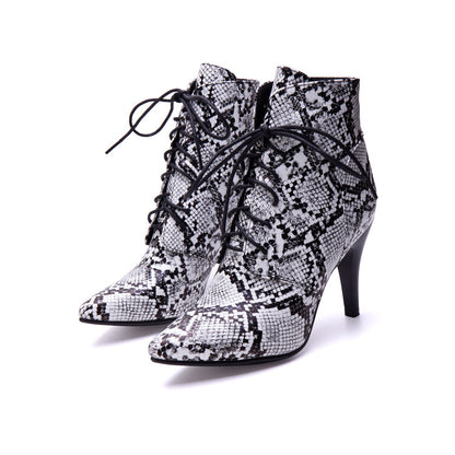 Women's Snake Pattern Lace-Up Spike Heel Ankle Boots