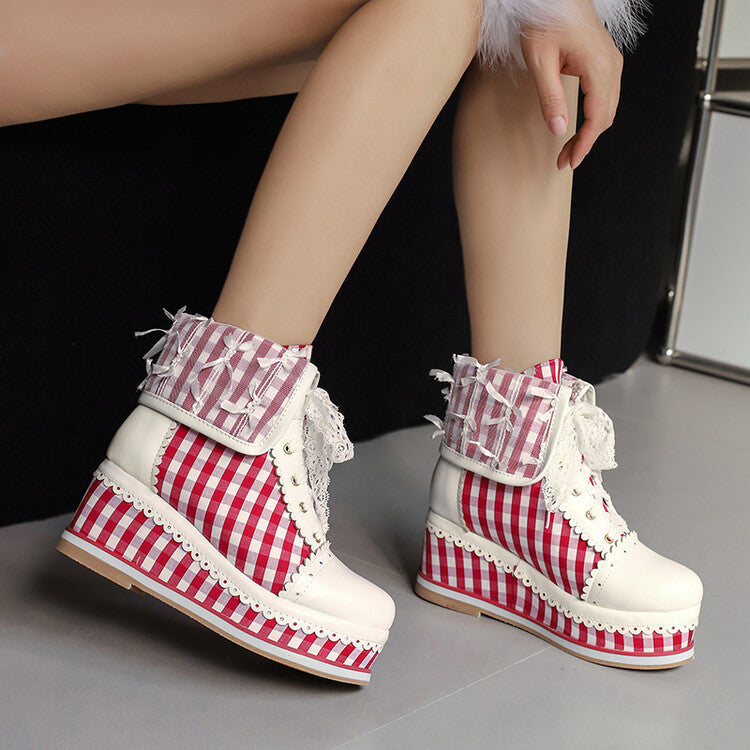 Women's Patchwork Lace-Up Round Toe Wedge Platform Short Boots