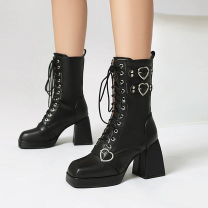 Women's Love Heart Buckle Square Toe Block Heel Platform Short Boots