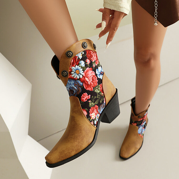 Women's Flowers Pattern Pointed Toe Block Heel Western Boots