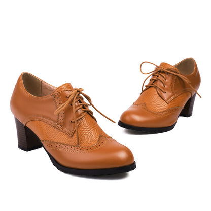 Women's Lace-Up Round Toe Block Heel Brogue Shoes