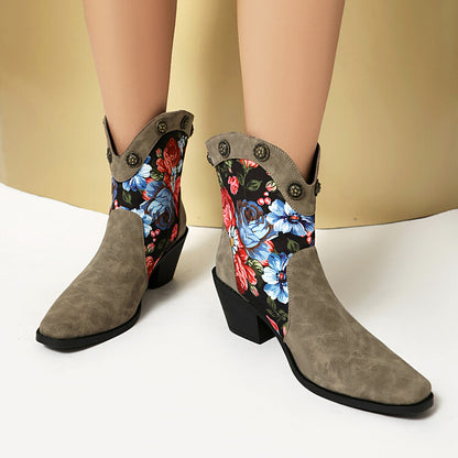 Women's Flowers Pattern Pointed Toe Block Heel Western Boots