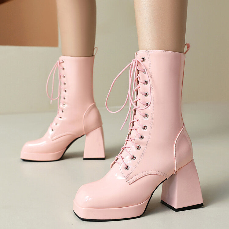 Women's Glossy Lace-Up Square Toe Block Heel Platform Short Boots