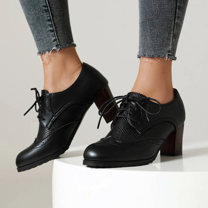 Women's Lace-Up Round Toe Block Heel Brogue Shoes