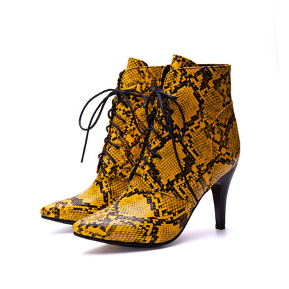 Women's Snake Pattern Lace-Up Spike Heel Ankle Boots