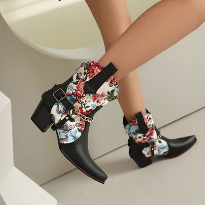 Women's Flowers Chains Pointed Toe Block Heel Short Western Boots