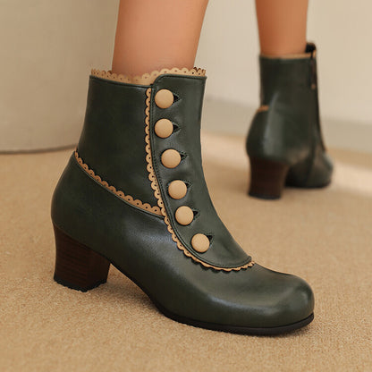 Women's Patchwork Rivets Round Toe Block Heel Ankle Boots