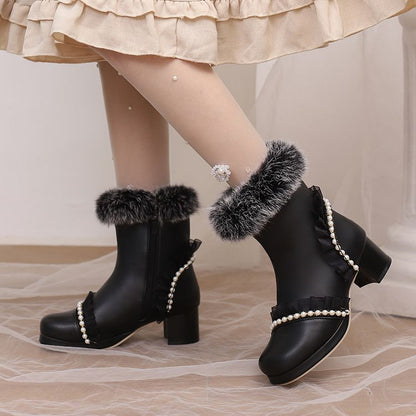 Women's Beads Round Toe Block Heel Platform Short Boots