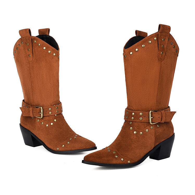 Women's Rivets Pointed Toe Square Heel Mid Calf Western Boots