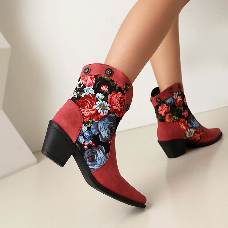 Women's Flowers Pattern Pointed Toe Block Heel Western Boots