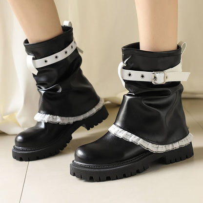 Women's Lace Buckle Strap Flats Short Boots