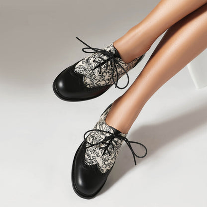 Women's Printed Lace-Up Round Toe Low Heel Oxfords Brogues Shoes