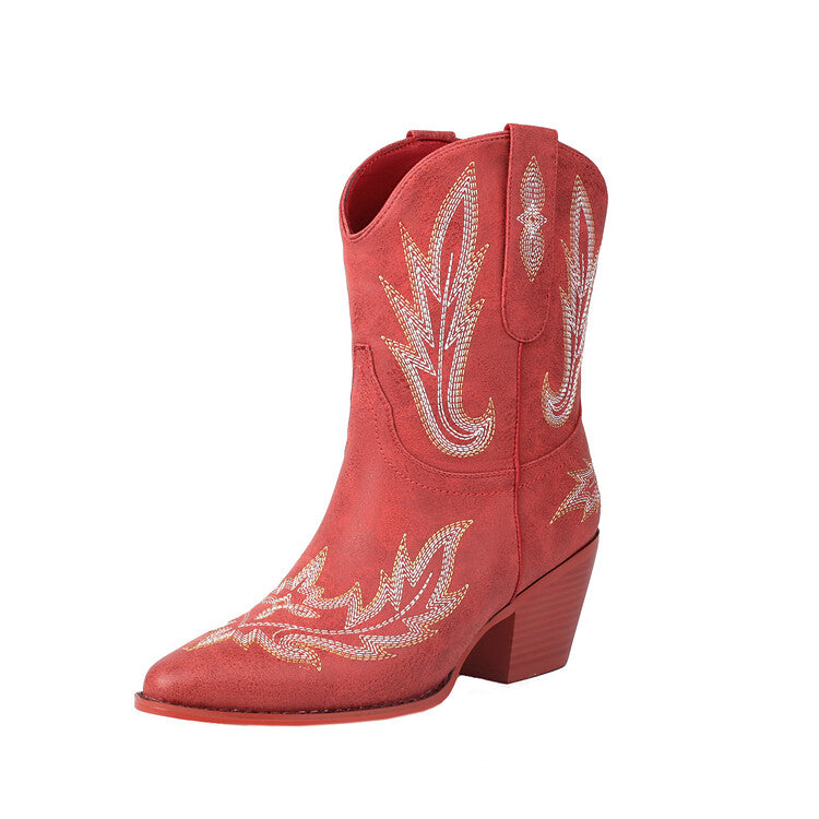 Women's Embroider Pointed Toe Block Heel Mid Calf Western Boots