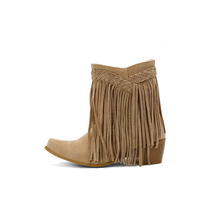 Women's Tassel Block Heel Short Boots