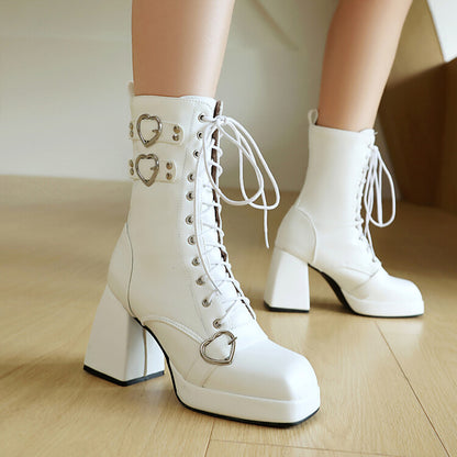 Women's Love Heart Buckle Square Toe Block Heel Platform Short Boots