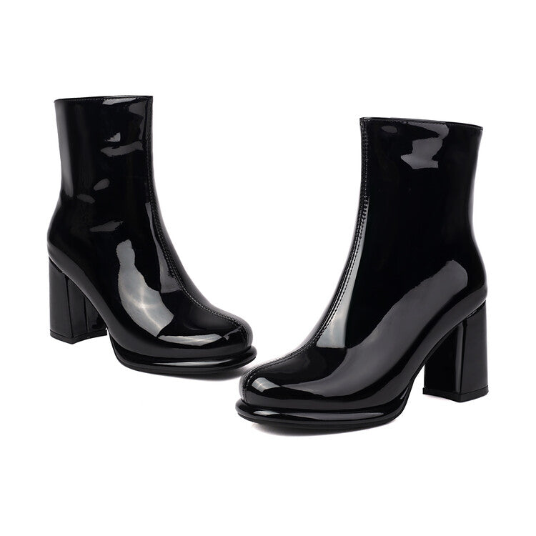 Women's Glossy Chunky Heel Platform Short Boots