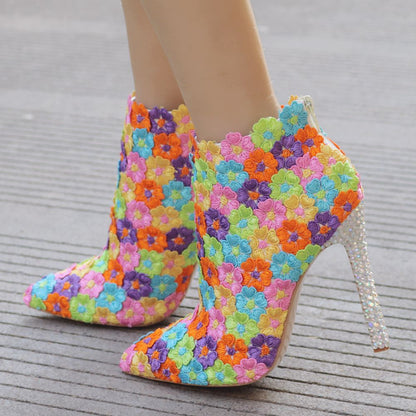 Women Stiletto Rhinestone Heel Pointed Toe Ethnic Lace Short Boots