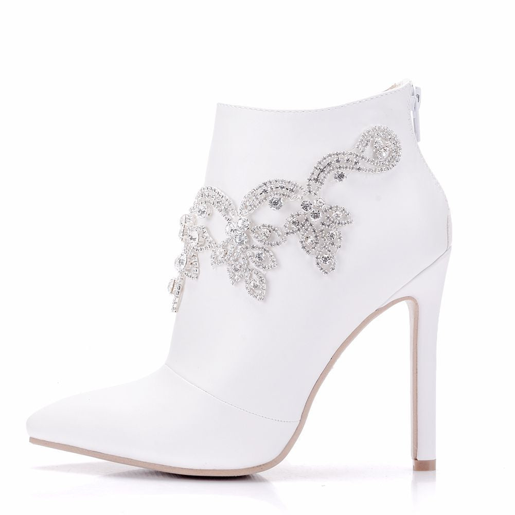 Women Stiletto Heel Pointed Toe Rhinestone Wedding Short Boots