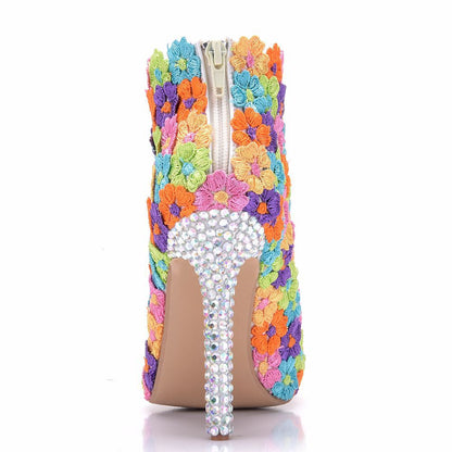 Women Stiletto Rhinestone Heel Pointed Toe Ethnic Lace Short Boots