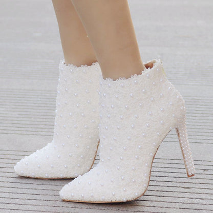 Women Lace Stiletto Heel Pointed Toe Back Zippers Wedding Short Boots