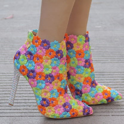 Women Stiletto Rhinestone Heel Pointed Toe Ethnic Lace Short Boots