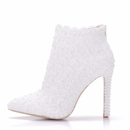 Women Lace Stiletto Heel Pointed Toe Back Zippers Wedding Short Boots