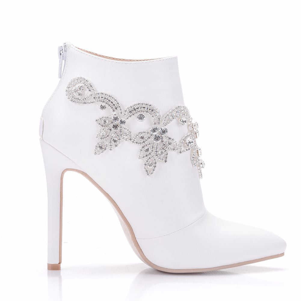 Women Stiletto Heel Pointed Toe Rhinestone Wedding Short Boots