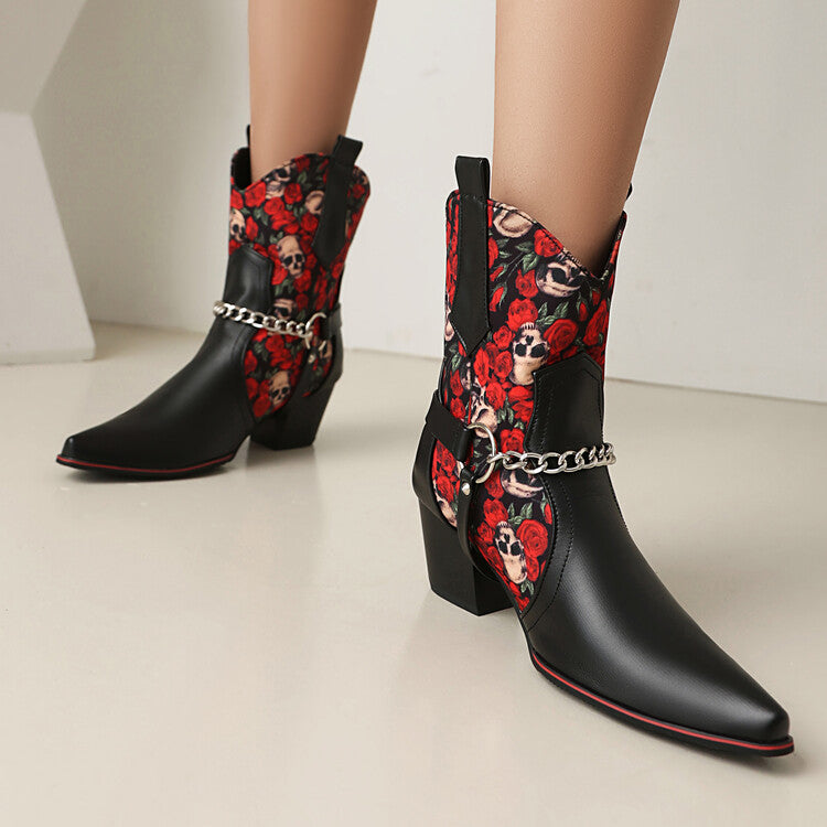 Women's Flowers Chains Pointed Toe Block Heel Short Western Boots