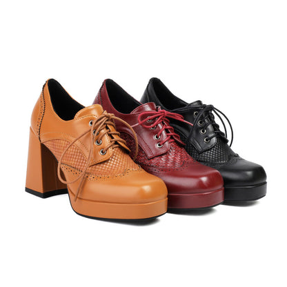 Women's Square Toe Shoelace Platform Square High Heels Shoes