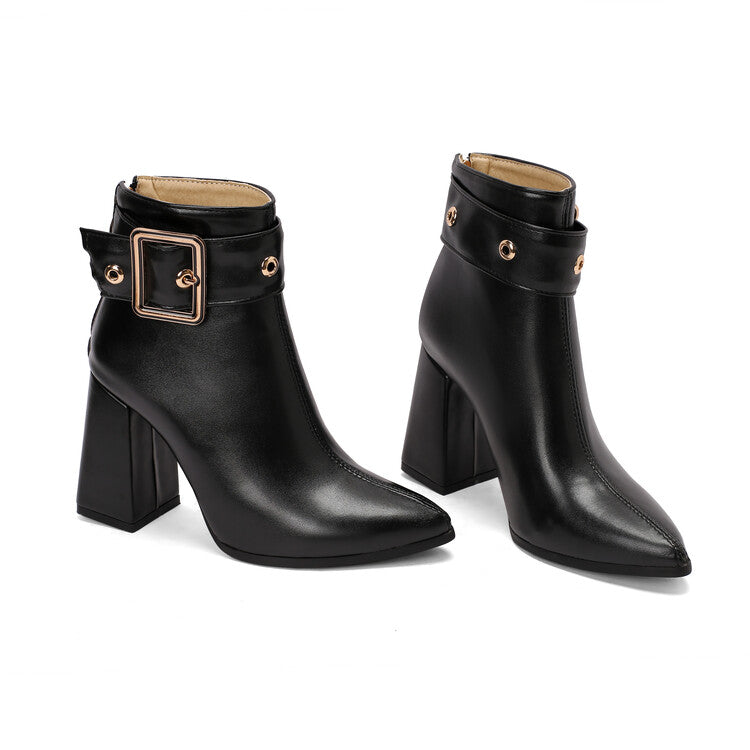 Women's Buckle Strap Pointed Toe Square Heel Ankle Boots