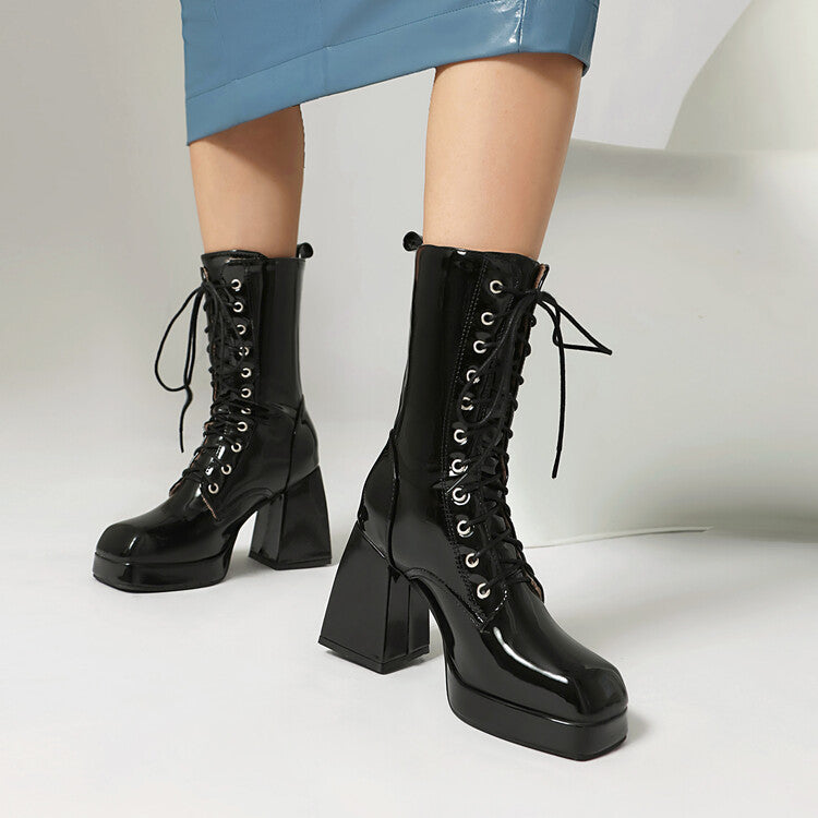 Women's Glossy Lace-Up Square Toe Block Heel Platform Short Boots