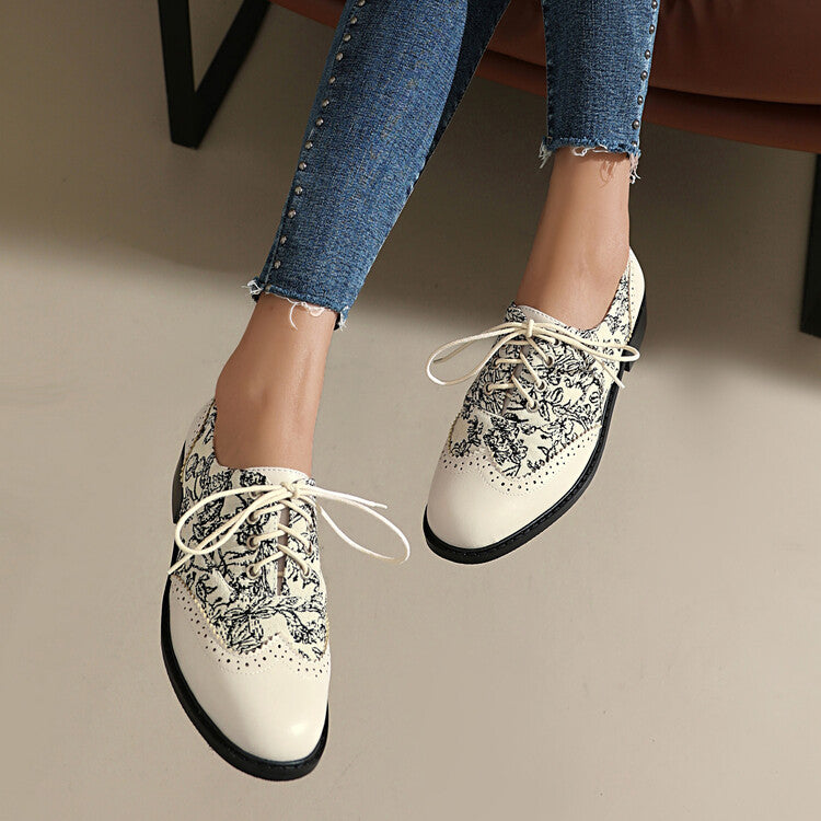 Women's Printed Lace-Up Round Toe Low Heel Oxfords Brogues Shoes