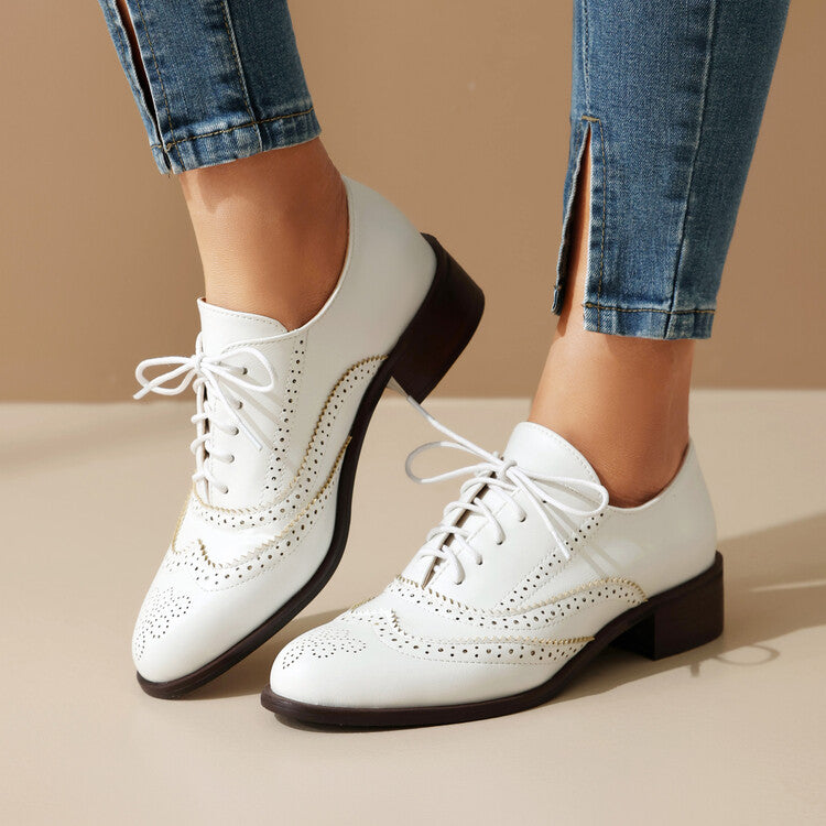 Women's Tie Up Brogue Low Heel Oxford Shoes