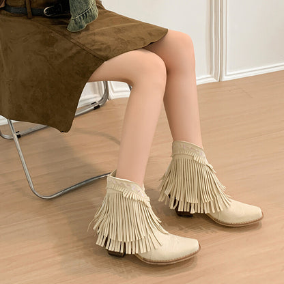 Women's Patchwork Tassel Square Toe Block Heel Short Western Boots