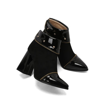 Women's Glossy Rivets Pointed Toe Block Heel Ankle Boots