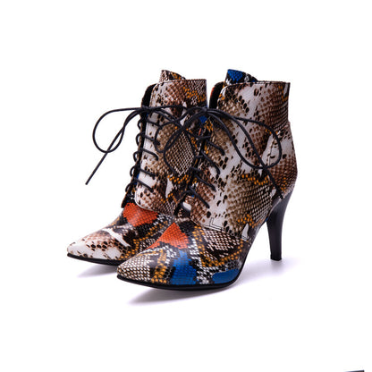 Women's Snake Pattern Lace-Up Spike Heel Ankle Boots