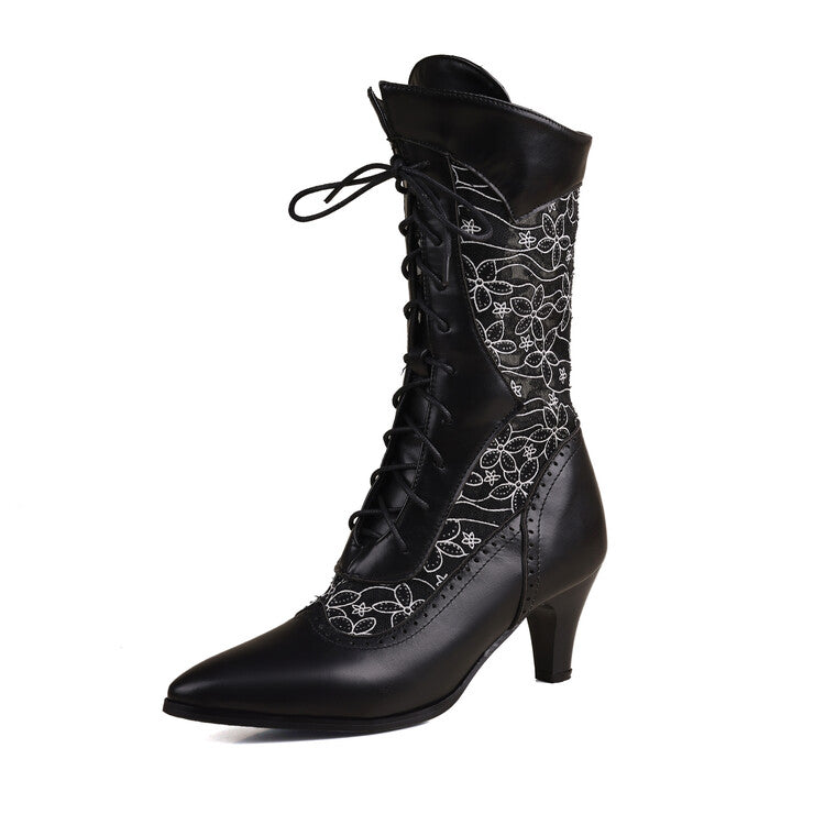 Women's Lace Pointed Toe Hoof Heel Mid Calf Boots