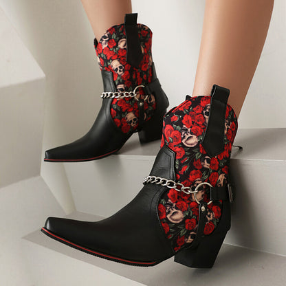 Women's Flowers Chains Pointed Toe Block Heel Short Western Boots