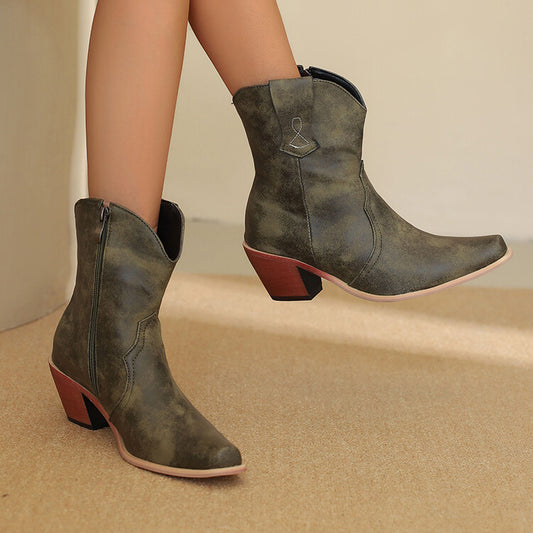 Women's Patchwork Pointed Toe Block Heel Ankle Western Boots