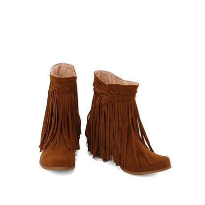 Women's Tassel Block Heel Short Boots