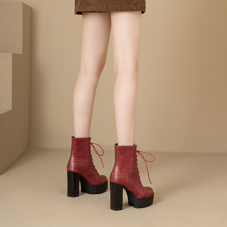 Women's Plush Lace-Up High Heel Platform Short Boots