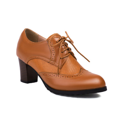 Women's Lace-Up Round Toe Block Heel Brogue Shoes