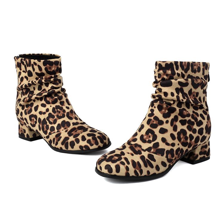 Women'S Leopard Print Round Toe Block Heel Ankle Boots